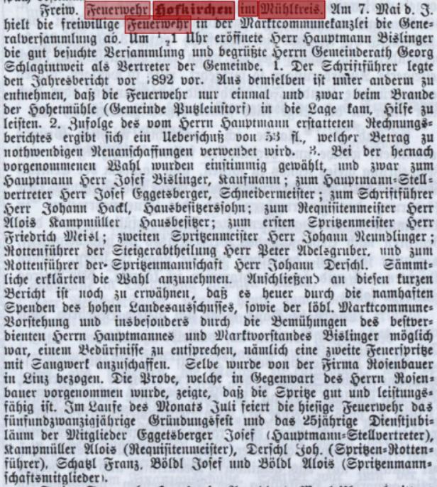 Hofkirchen im Mühlkreis Zeitschrift der oö. FW Jg 8 Heft 19 vom 01.06.1893 S 3